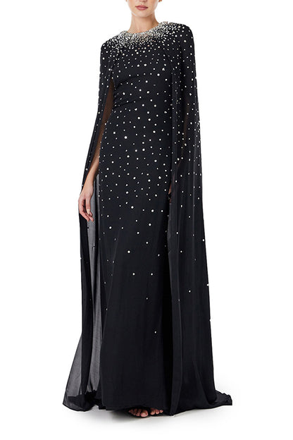 Monique Lhuillier jewel neck, cape gown in Noir chiffon and metallic embroidery.