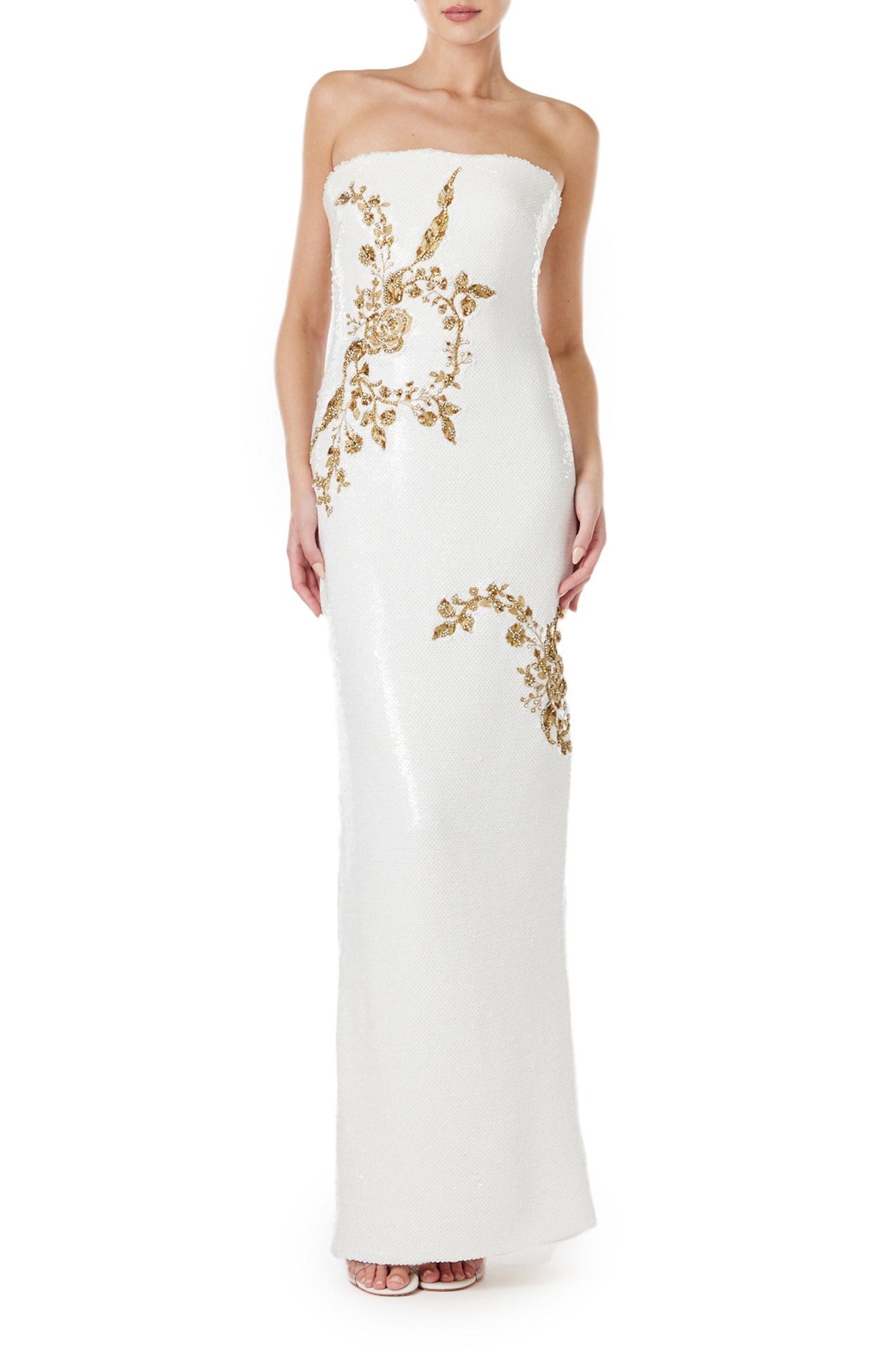 Monique Lhuillier strapless sequin column gown in silk white sequins and gold embroidery.