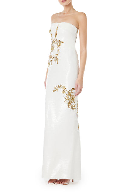 Monique Lhuillier strapless sequin column gown in silk white sequins and gold embroidery.