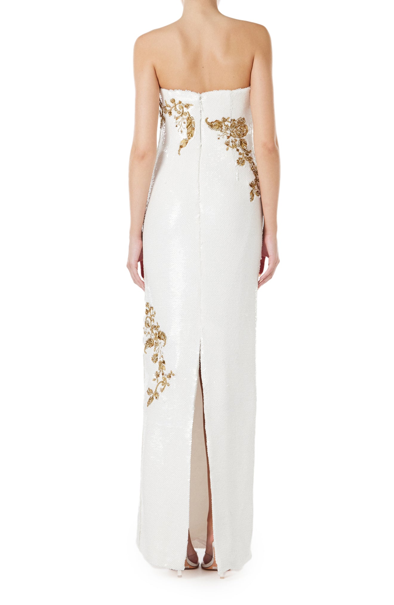 Monique Lhuillier strapless sequin column gown in silk white sequins and gold embroidery.