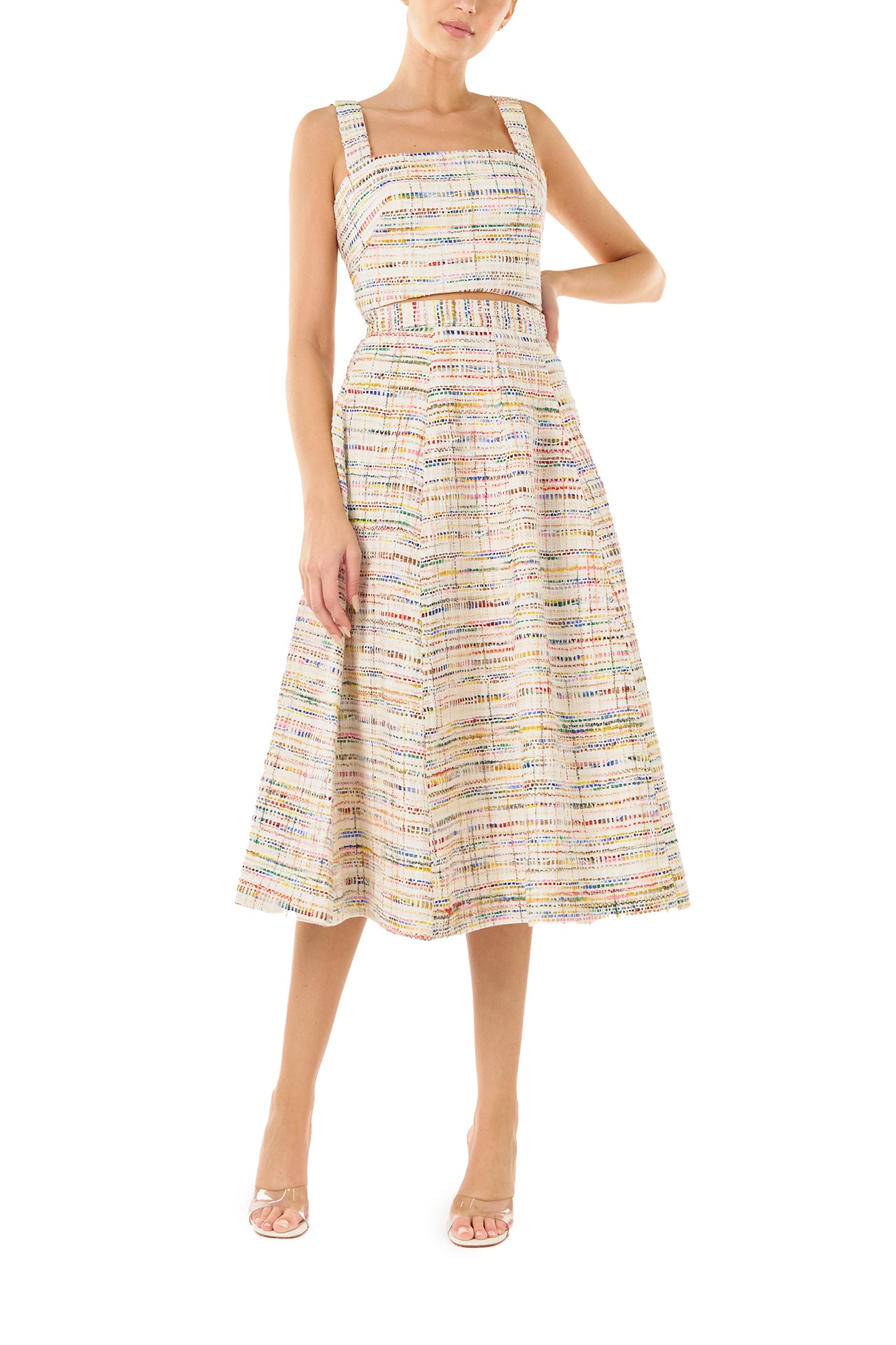 Monique Lhuillier Spring 2024 silk white multi tweed midi skirt and crop top - front two.