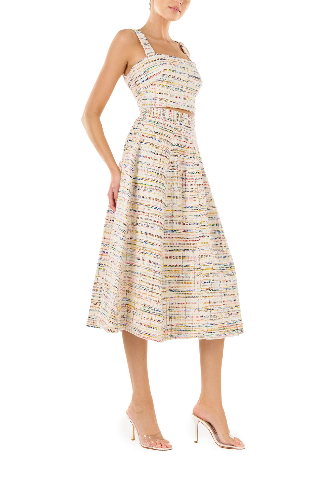 Monique Lhuillier Spring 2024 silk white multi tweed midi skirt and crop top - side.