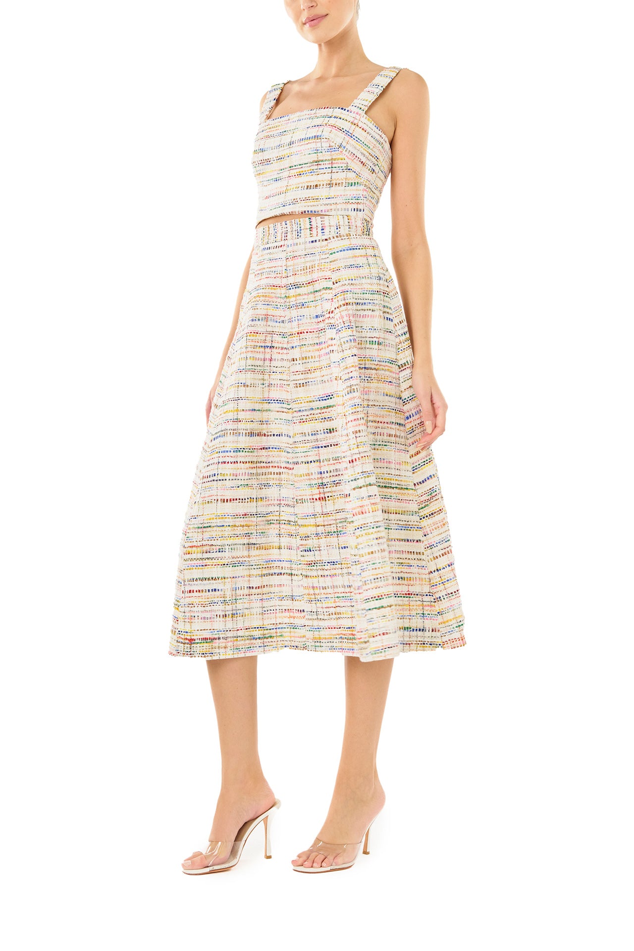 Monique Lhuillier Spring 2024 silk white multi tweed midi skirt and crop top - side.