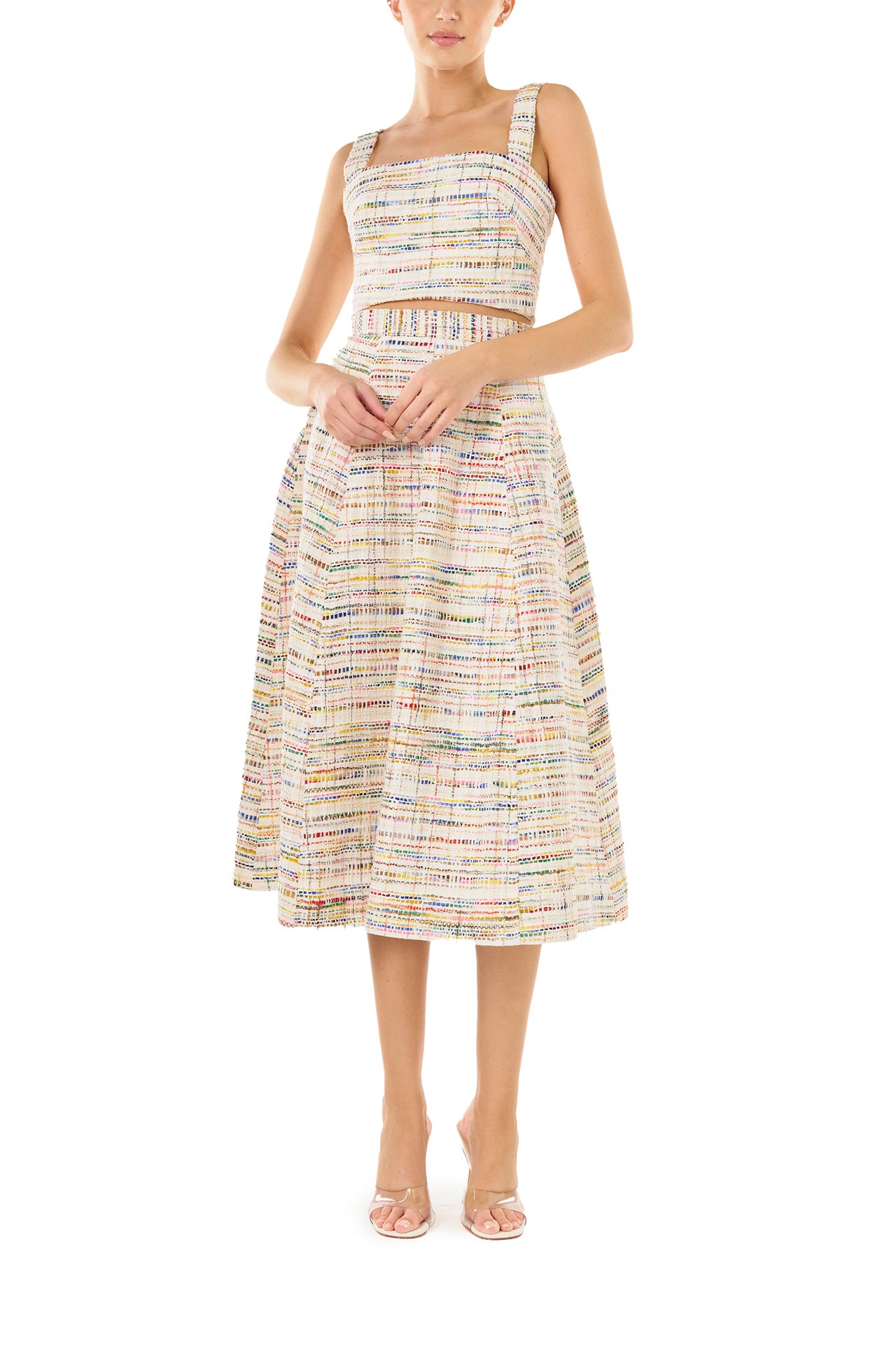 Monique Lhuillier Spring 2024 silk white multi tweed midi skirt and crop top - front.