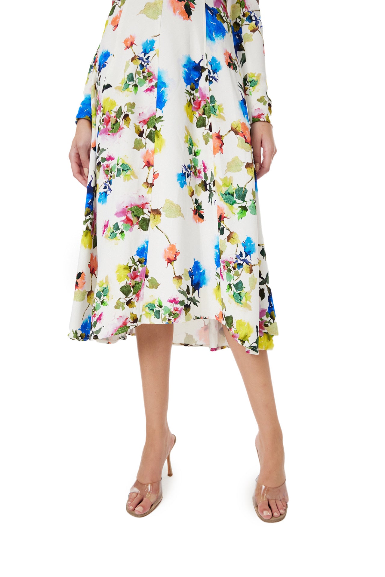 Monique Lhuillier Spring 2024 long sleeve midi dress with jewel neckline in silk white multi floral print - hem.