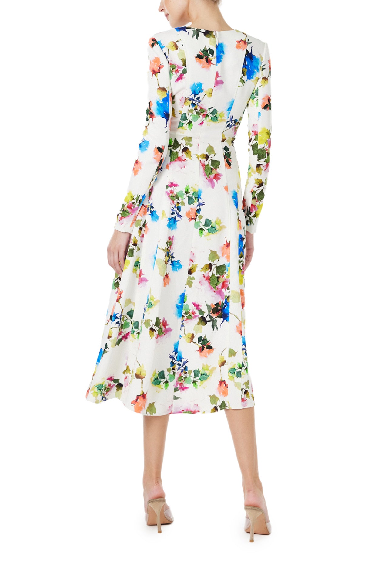 Monique Lhuillier Spring 2024 long sleeve midi dress with jewel neckline in silk white multi floral print - back.