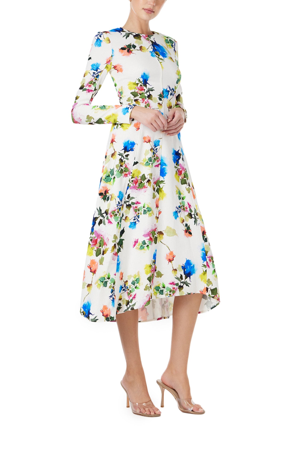 Monique Lhuillier Spring 2024 long sleeve midi dress with jewel neckline in silk white multi floral print - right side.
