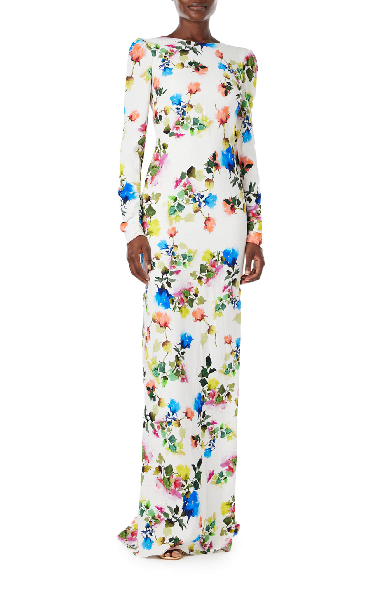 Monique Lhuillier Spring 2024 floral print long sleeve gown with open back and ruching - front..