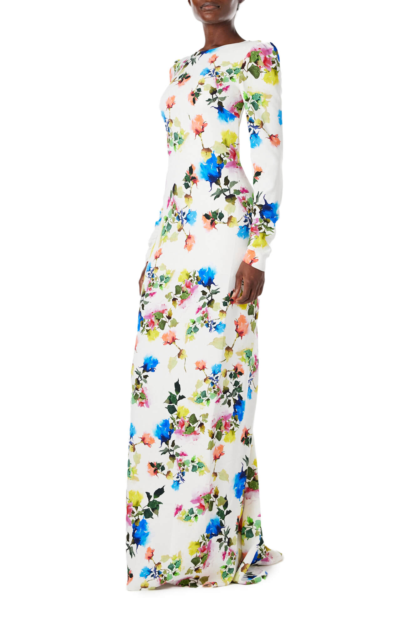 Monique Lhuillier Spring 2024 floral print long sleeve gown with open back and ruching - side two.