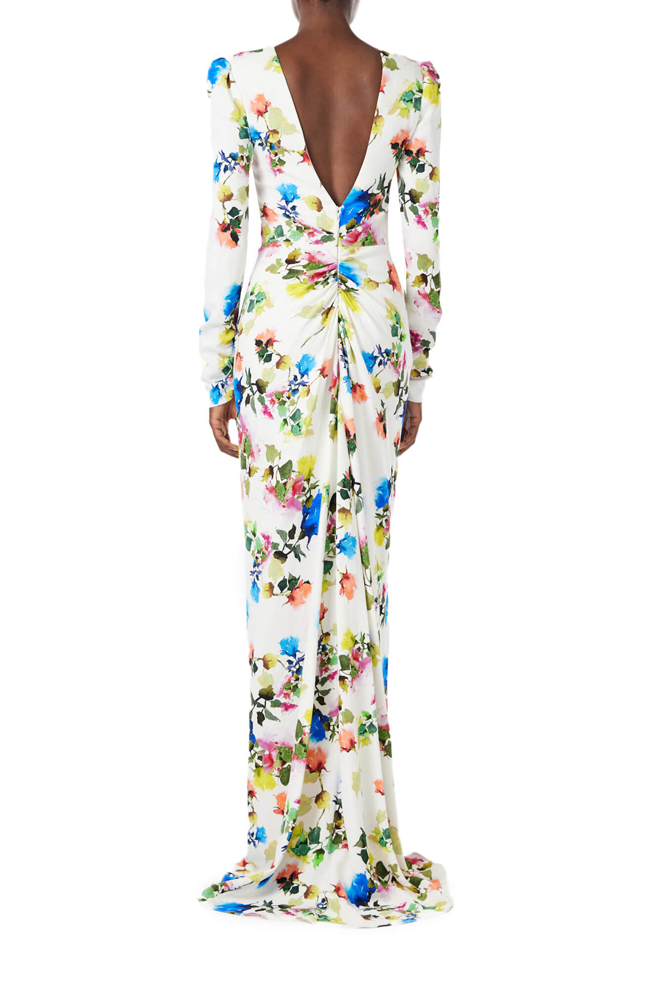 Monique Lhuillier Spring 2024 floral print long sleeve gown with open back and ruching - back.