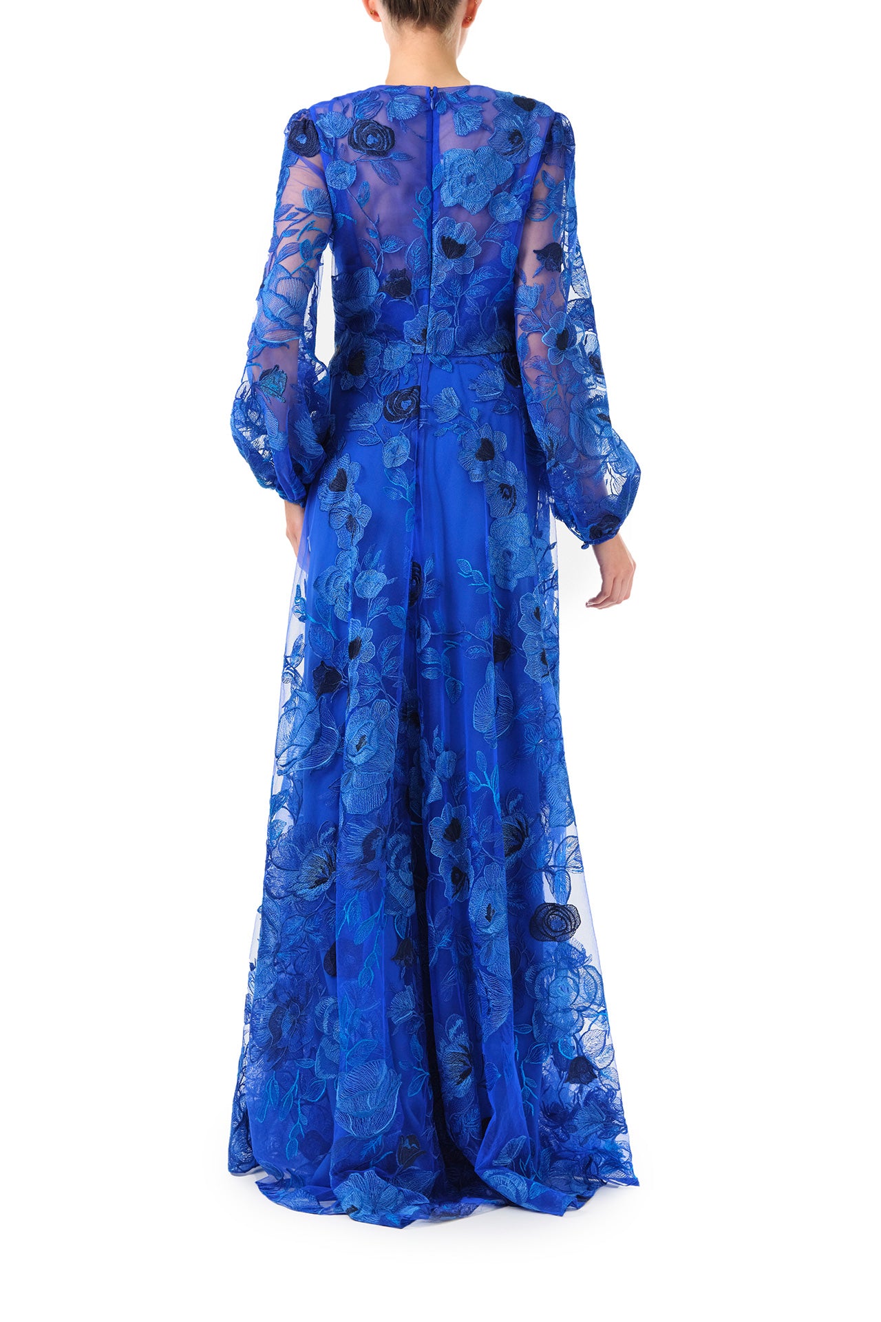 Monique Lhuilier Spring 2024 royal blue embroidered tulle long sleeve column gown with jewel neckline and detached slip lining - back.
