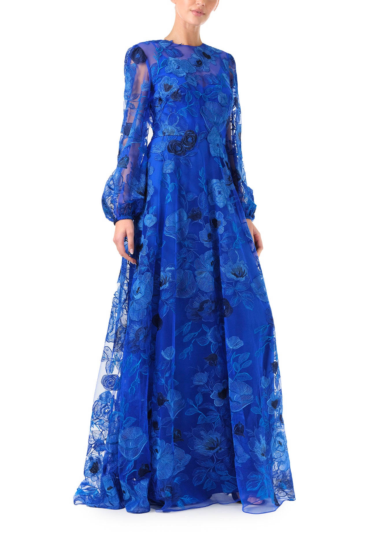 Monique Lhuilier Spring 2024 royal blue embroidered tulle long sleeve column gown with jewel neckline and detached slip lining - right side.