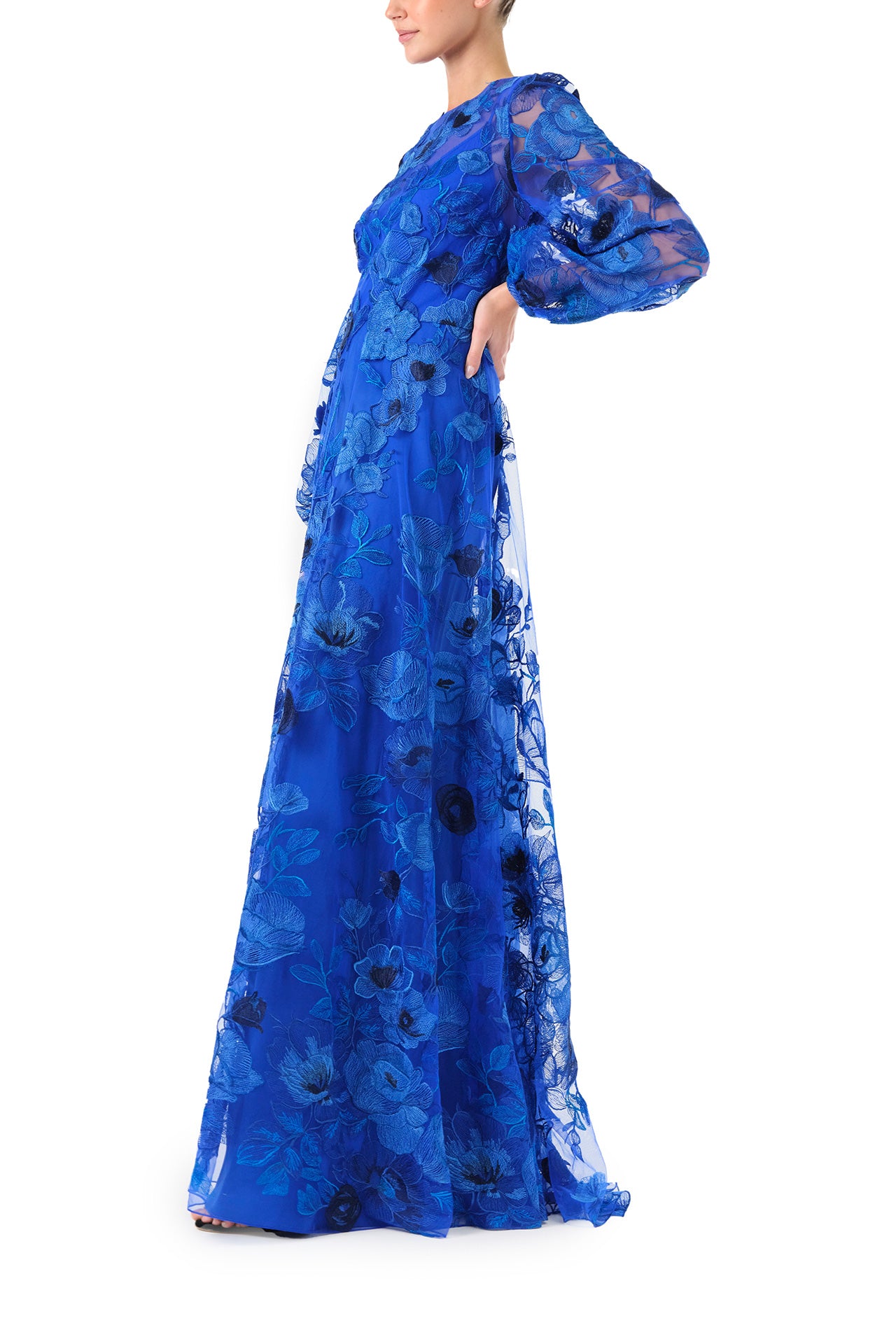 Monique Lhuilier Spring 2024 royal blue embroidered tulle long sleeve column gown with jewel neckline and detached slip lining - left side.