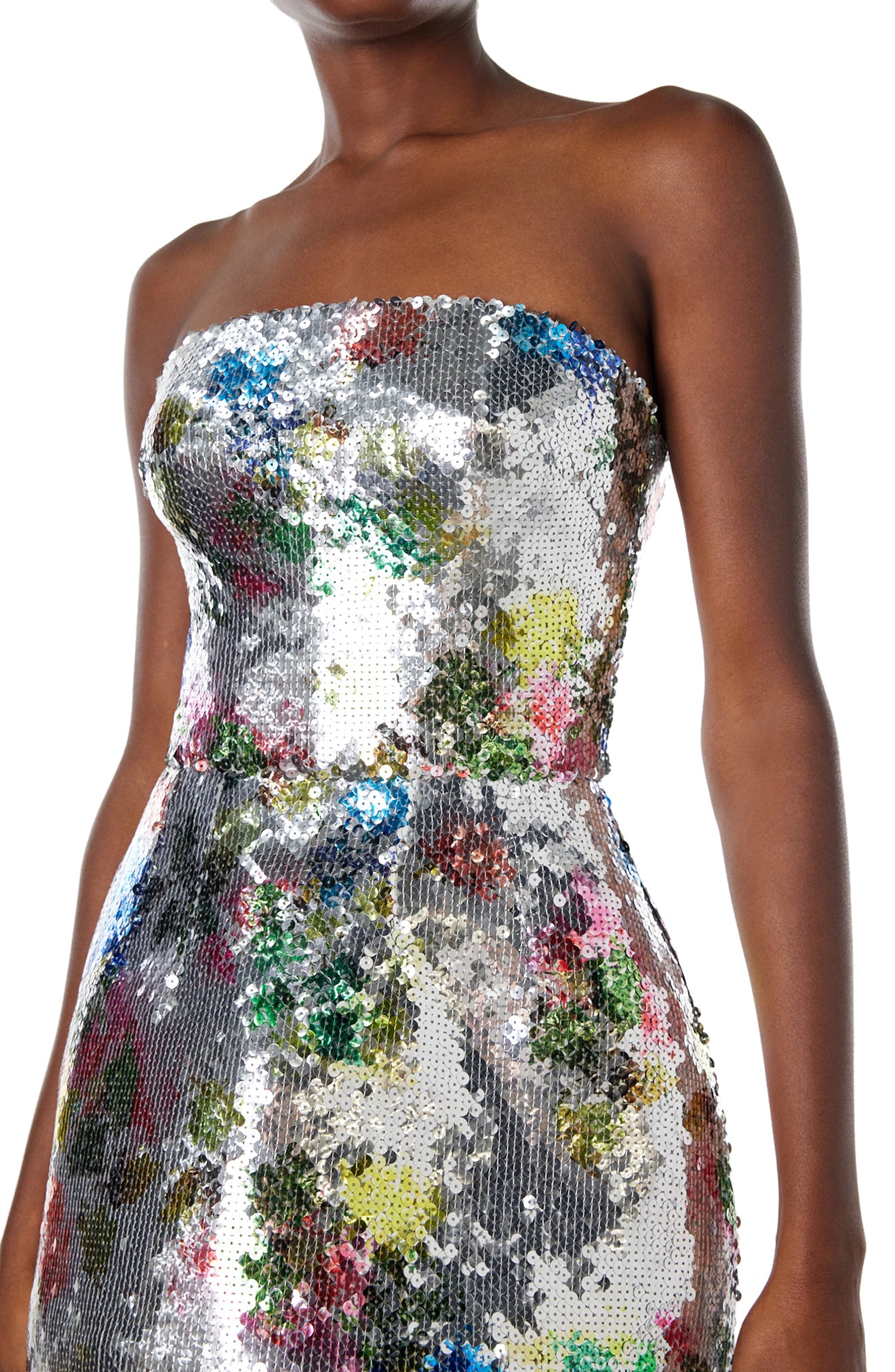 Monique Lhuillier Spring 2024 printed silver sequin strapless cocktail dress with structured skirt - detail.