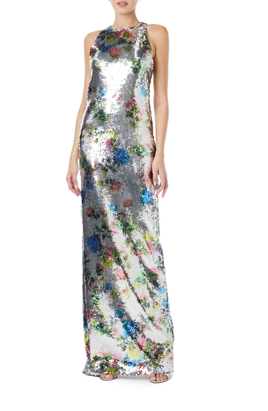 Monique Lhuillier Spring 2024 printed silver sequin colum gown with sleeveless, cut-away neckline - front.