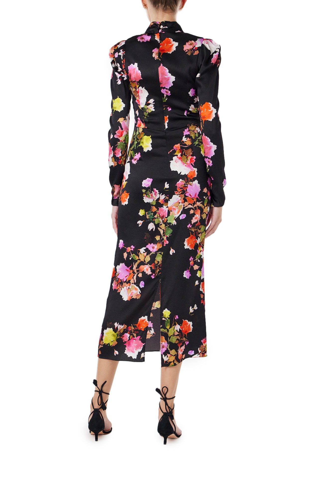 Monique Lhuillier Spring 2024 long sleeve midi dress with high neck and tied front keyhole bodice in black floral hammered silk - back.