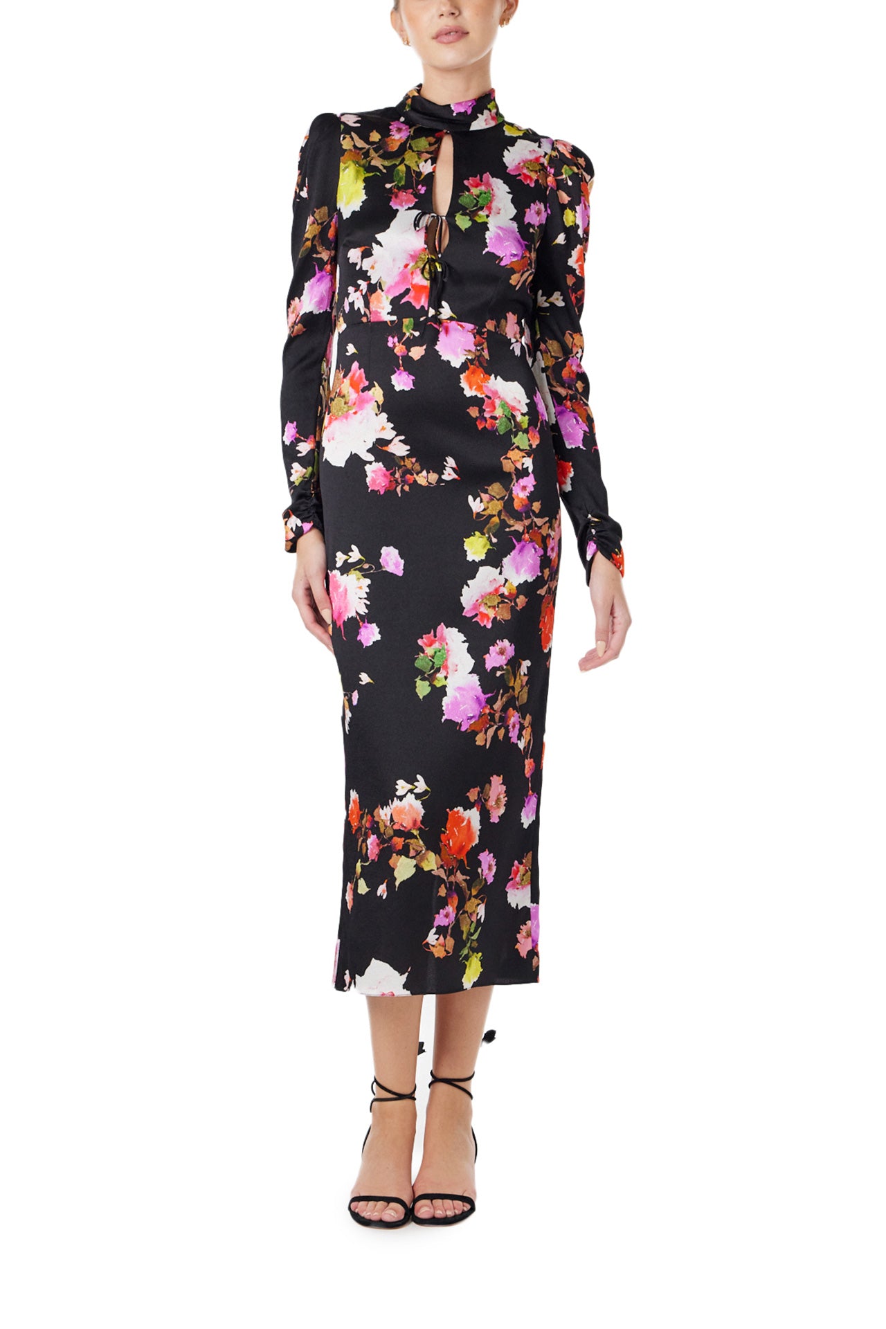 Monique Lhuillier Spring 2024 long sleeve midi dress with high neck and tied front keyhole bodice in black floral hammered silk - front two.