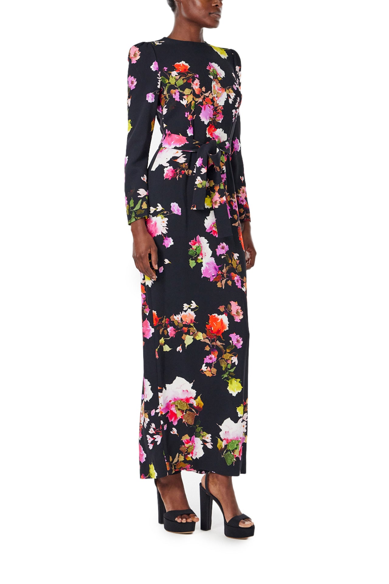 Monique Lhuillier Spring 2024 long sleeve, jewel neck floral print gown with self-tie belt at waist. - right side.