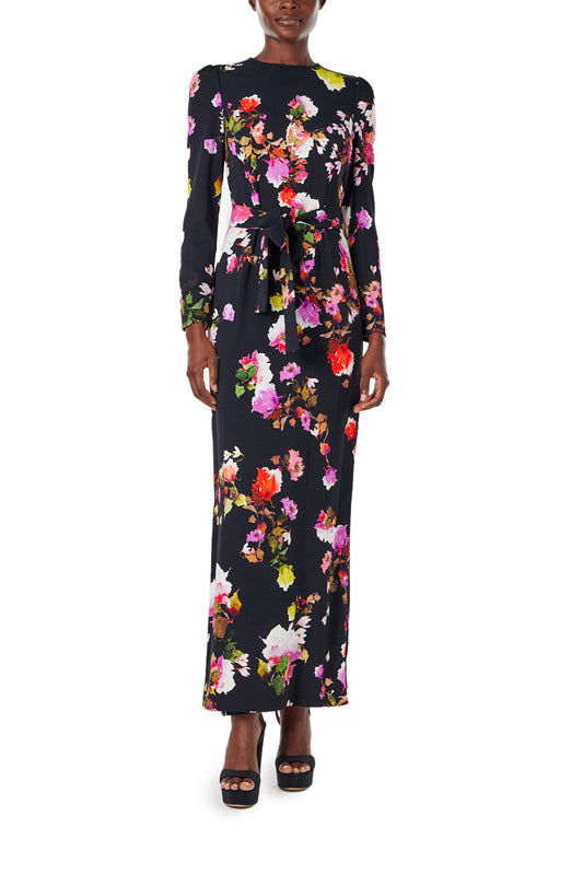 Monique Lhuillier Spring 2024 long sleeve, jewel neck floral print gown with self-tie belt at waist. - front