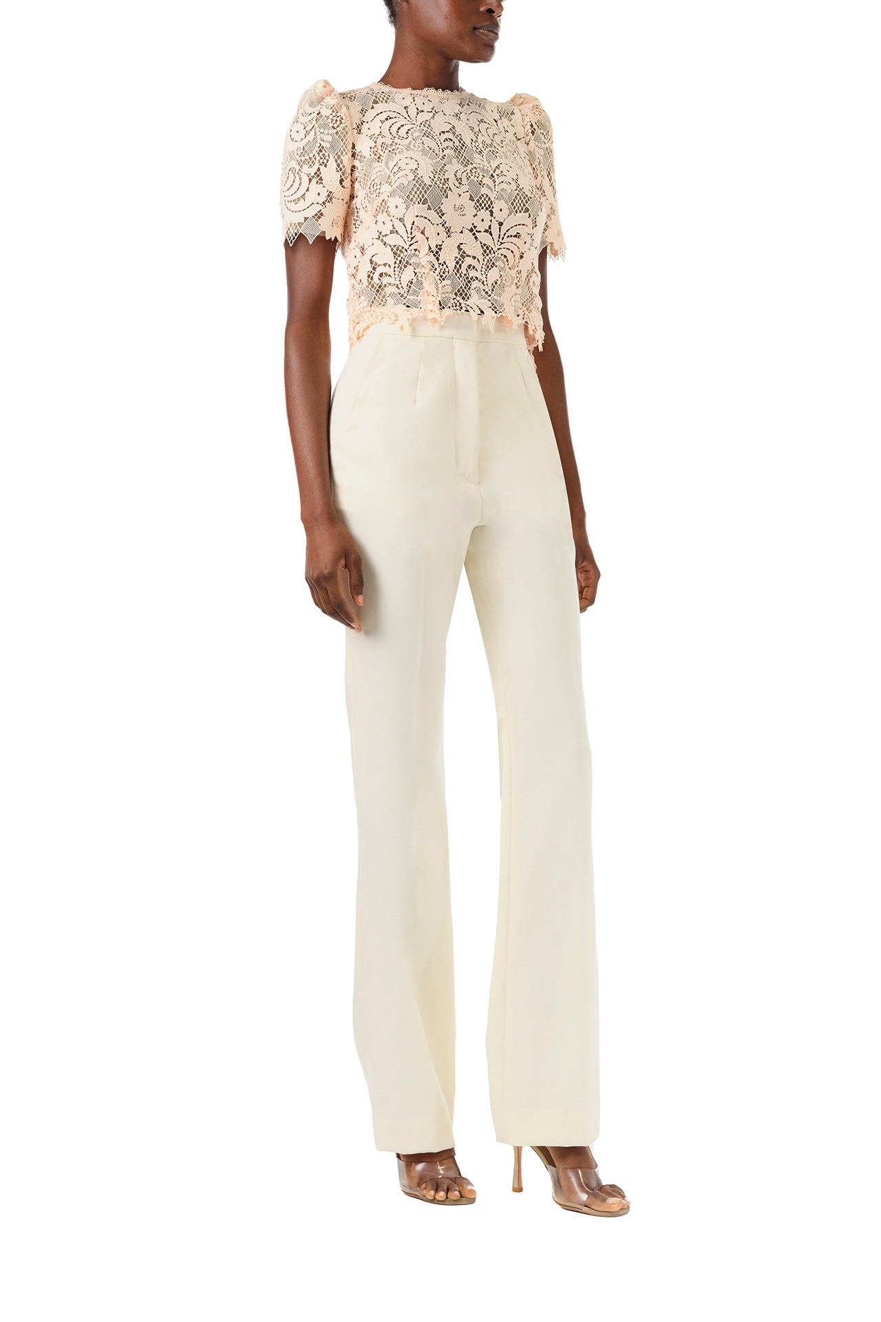 Monique Lhuillier Spring 2024 blush lace short sleeve, jewel neck lace top with sculpted shoulder and lace scallop detailing - right side.