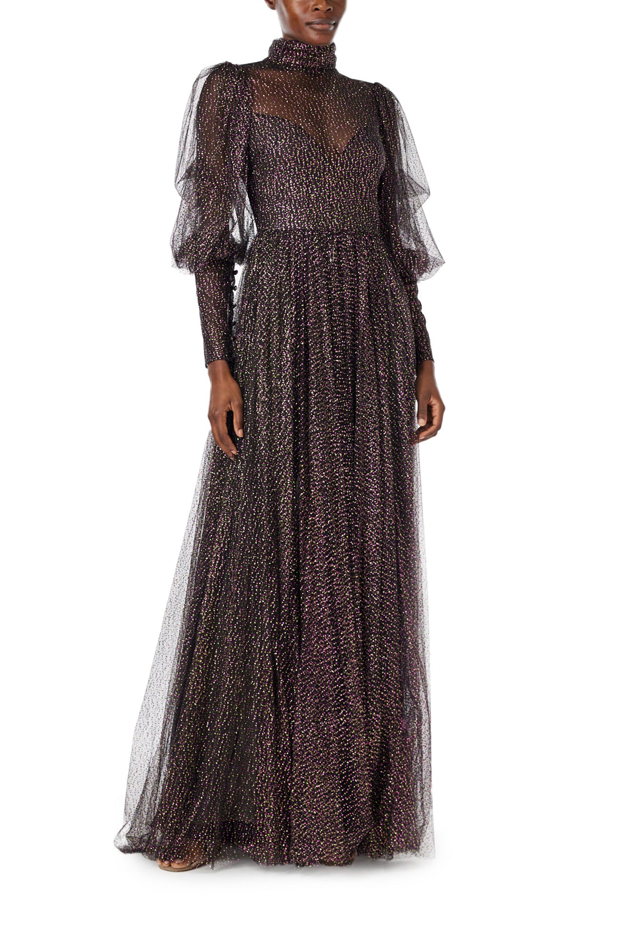 Monique Lhuillier Spring 2024 long sleeve gown with high neck in noir and multi colored glitter tulle fabric - front two.