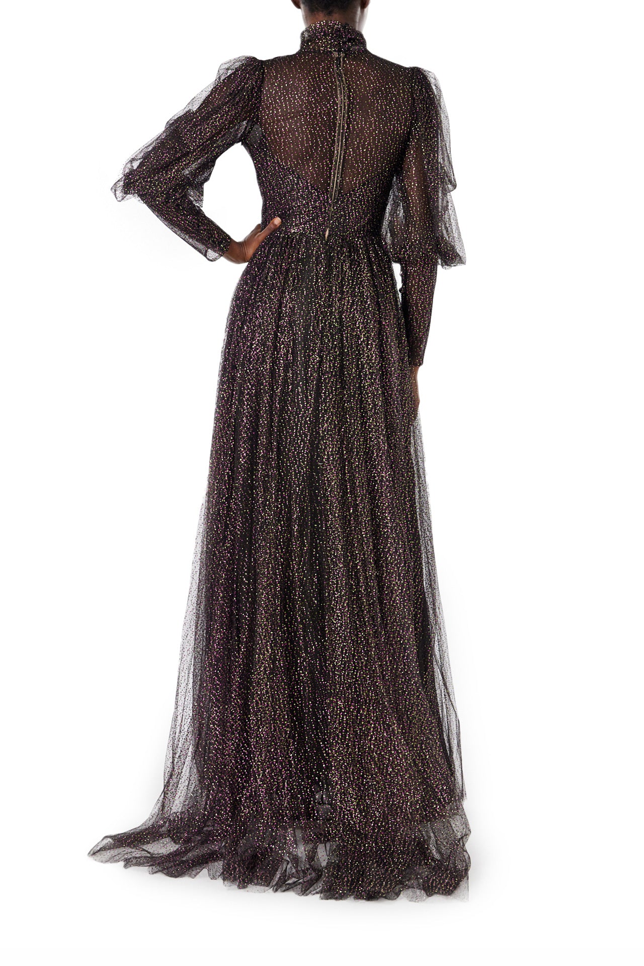 Monique Lhuillier Spring 2024 long sleeve gown with high neck in noir and multi colored glitter tulle fabric - back.
