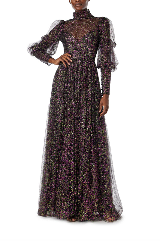 Monique Lhuillier Spring 2024 long sleeve gown with high neck in noir and multi colored glitter tulle fabric - front.