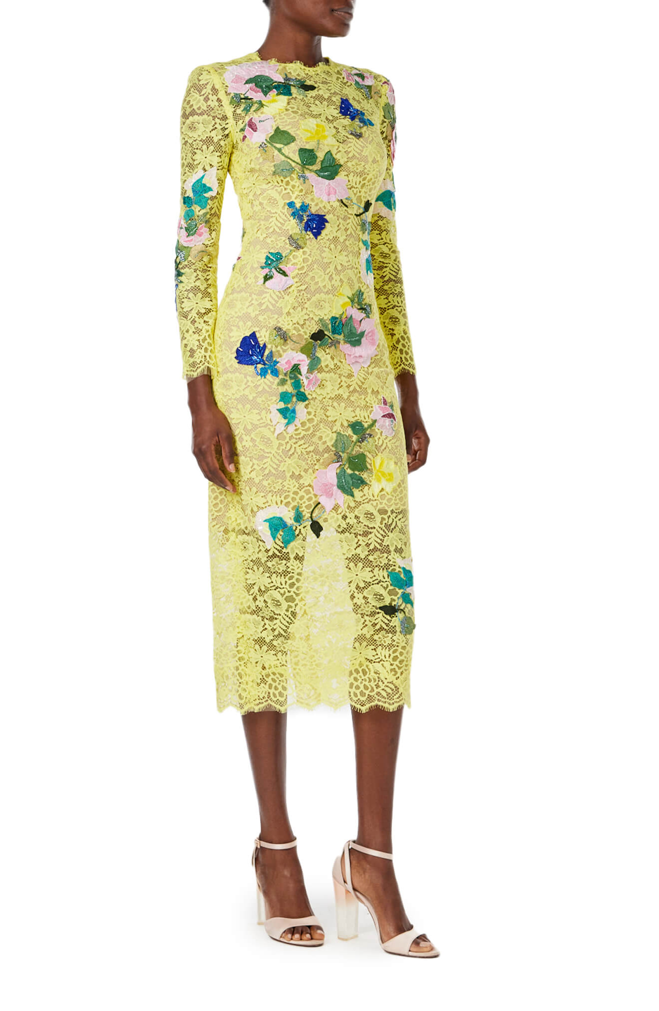 Monique Lhuillier Spring 2024 long sleeve yellow lace midi dress with floral embroidery - side one.
