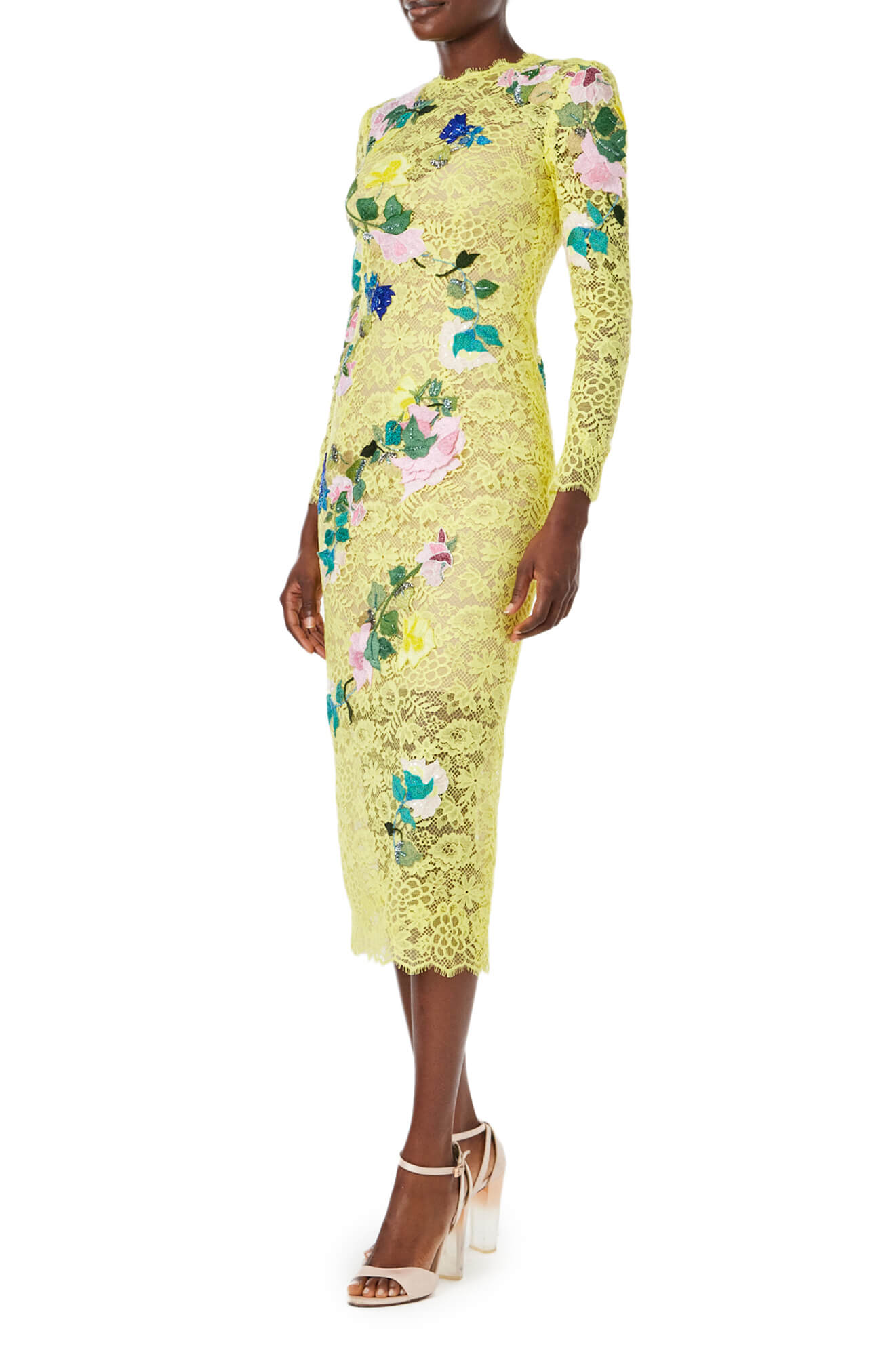 Monique Lhuillier Spring 2024 long sleeve yellow lace midi dress with floral embroidery - side two.