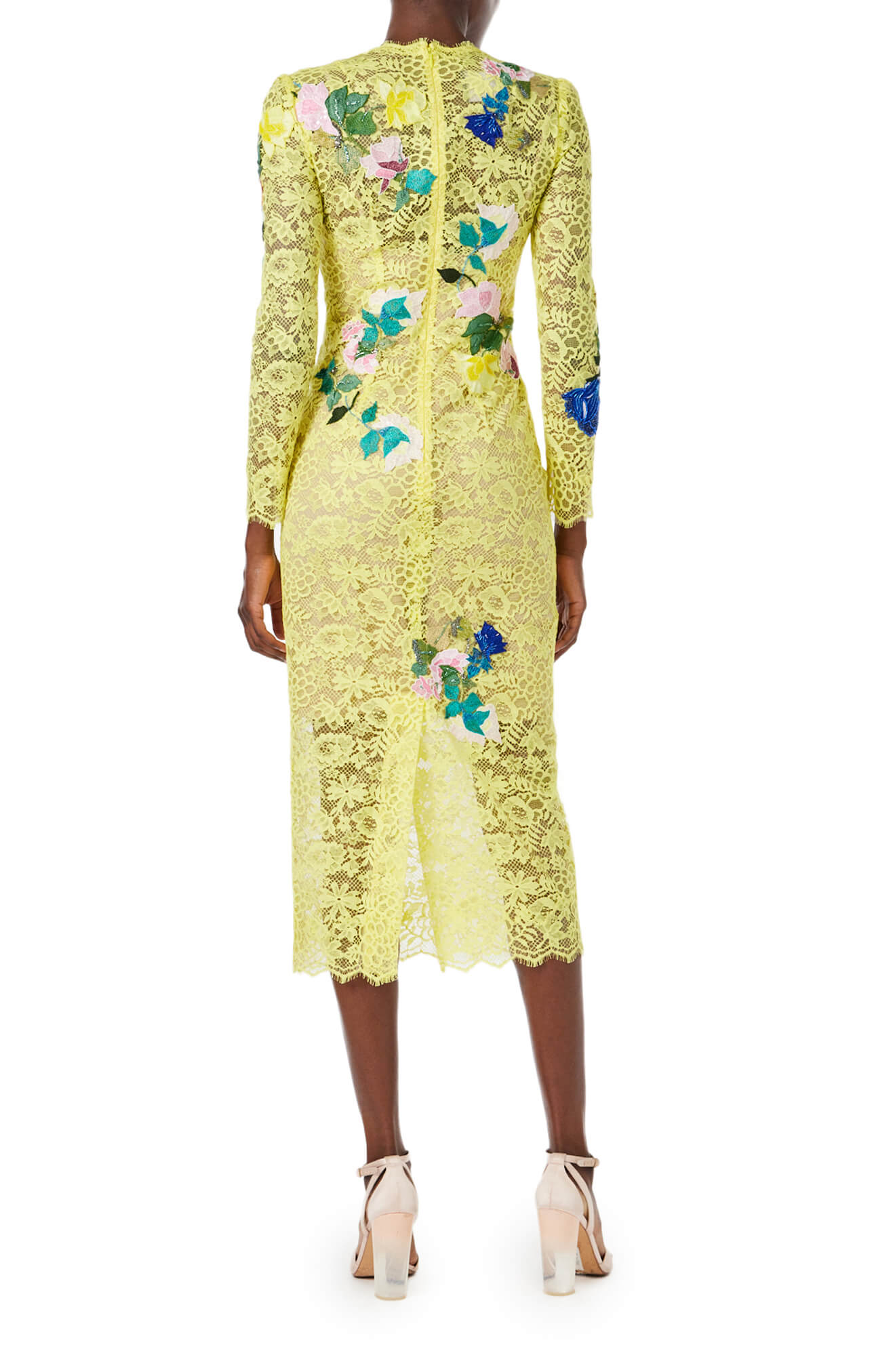Monique Lhuillier Spring 2024 long sleeve yellow lace midi dress with floral embroidery - back.