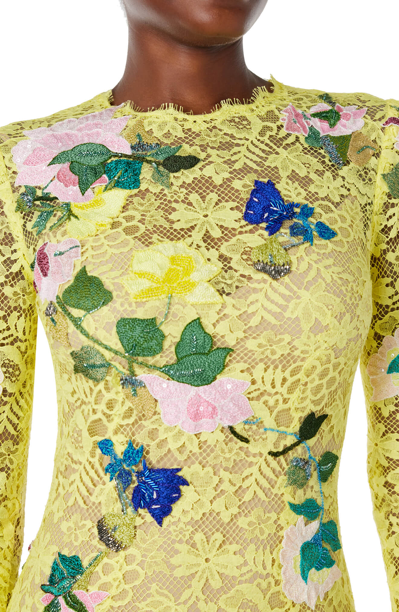 Monique Lhuillier Spring 2024 long sleeve yellow lace midi dress with floral embroidery - close up bodice.