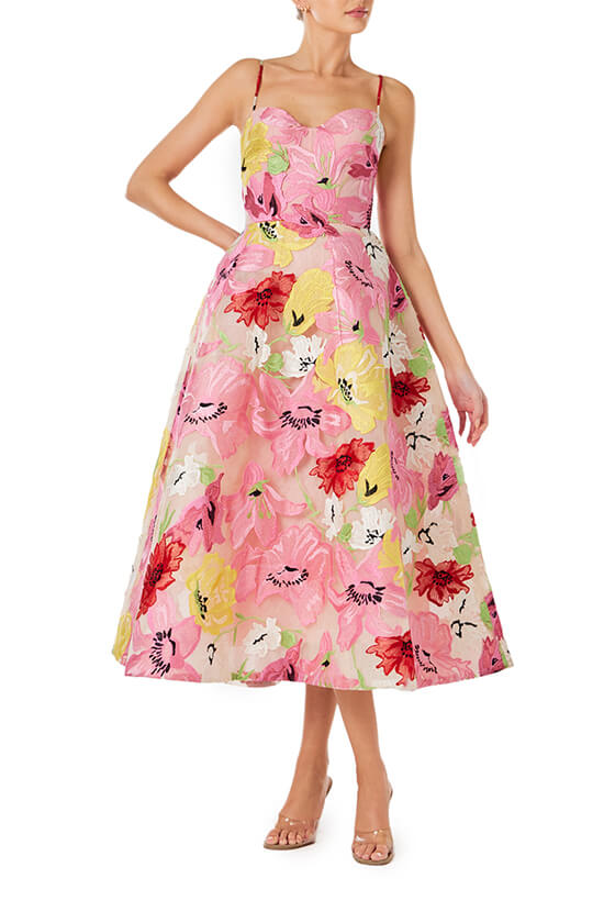 Monique Lhuillier Spring 2024 tea length dress with sweetheart neckline and spaghetti straps in raspberry yellow floral embroidery - front two.