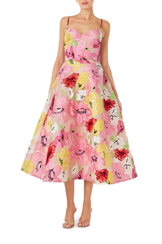 Monique Lhuillier Spring 2024 tea length dress with sweetheart neckline and spaghetti straps in raspberry yellow floral embroidery - front.