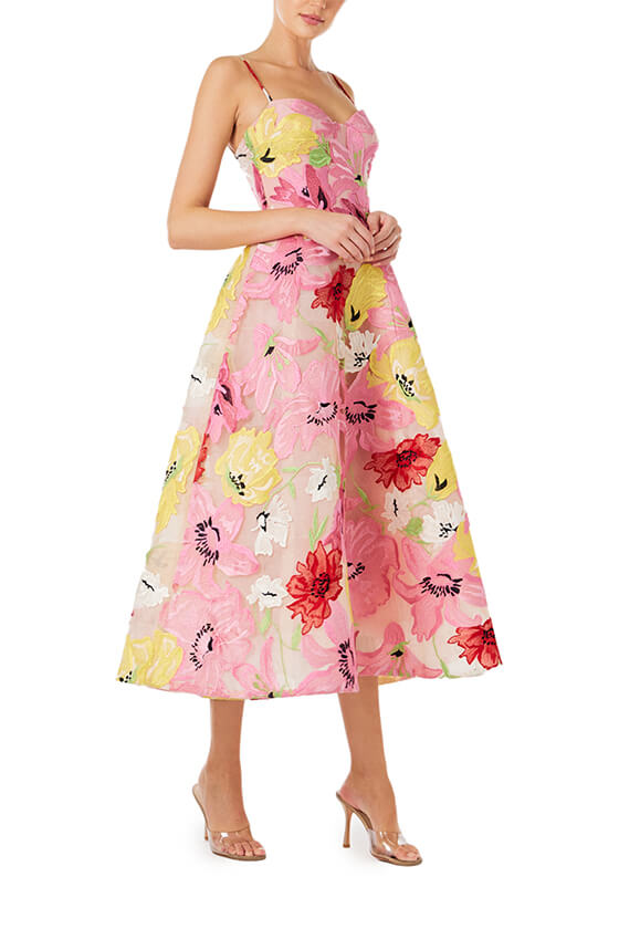 Monique Lhuillier Spring 2024 tea length dress with sweetheart neckline and spaghetti straps in raspberry yellow floral embroidery - right side.