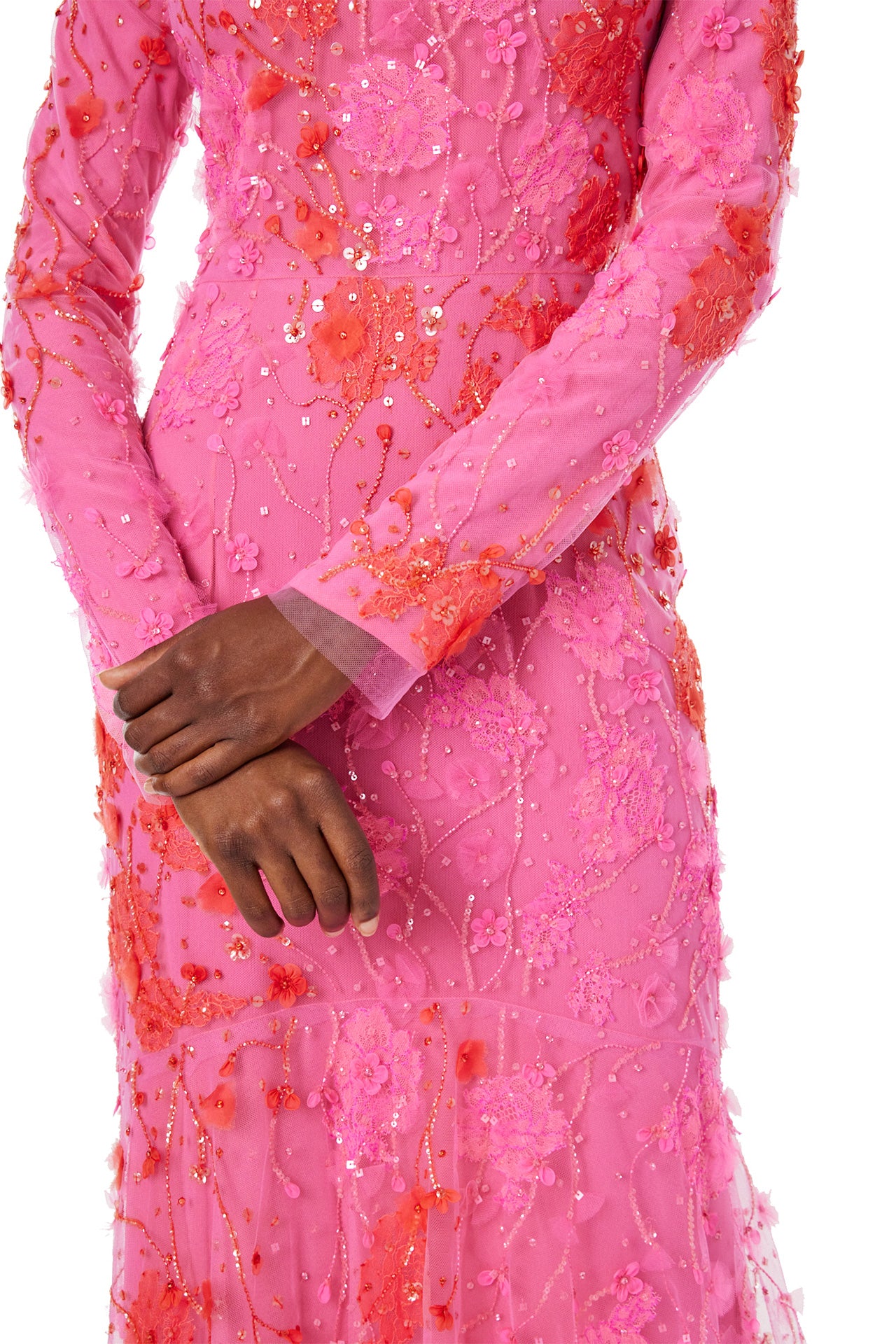Monique Lhuillier Spring 2024 long sleeve gown in raspberry red embroidery - sleeve detail.