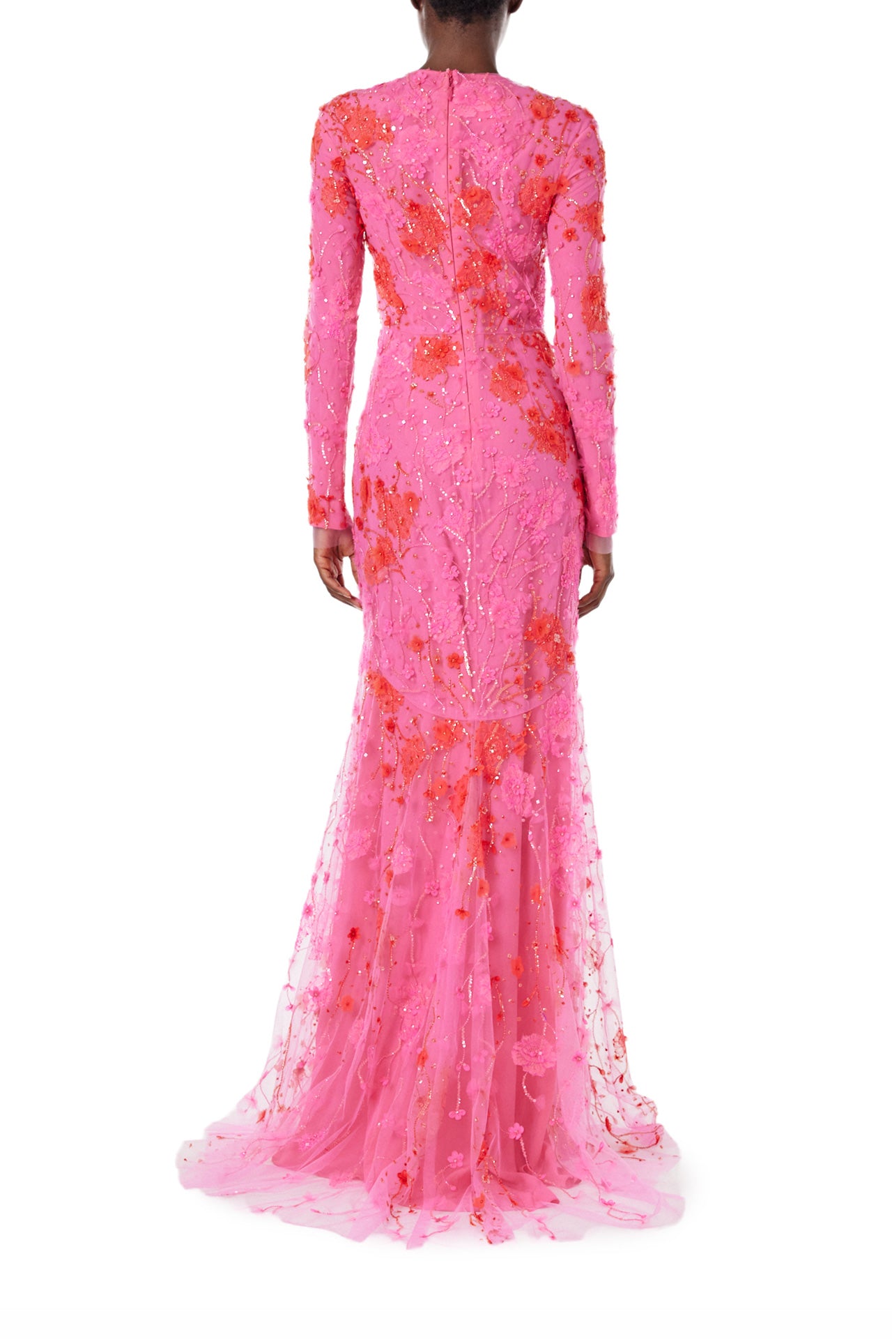 Monique Lhuillier Spring 2024 long sleeve gown in raspberry red embroidery - back.