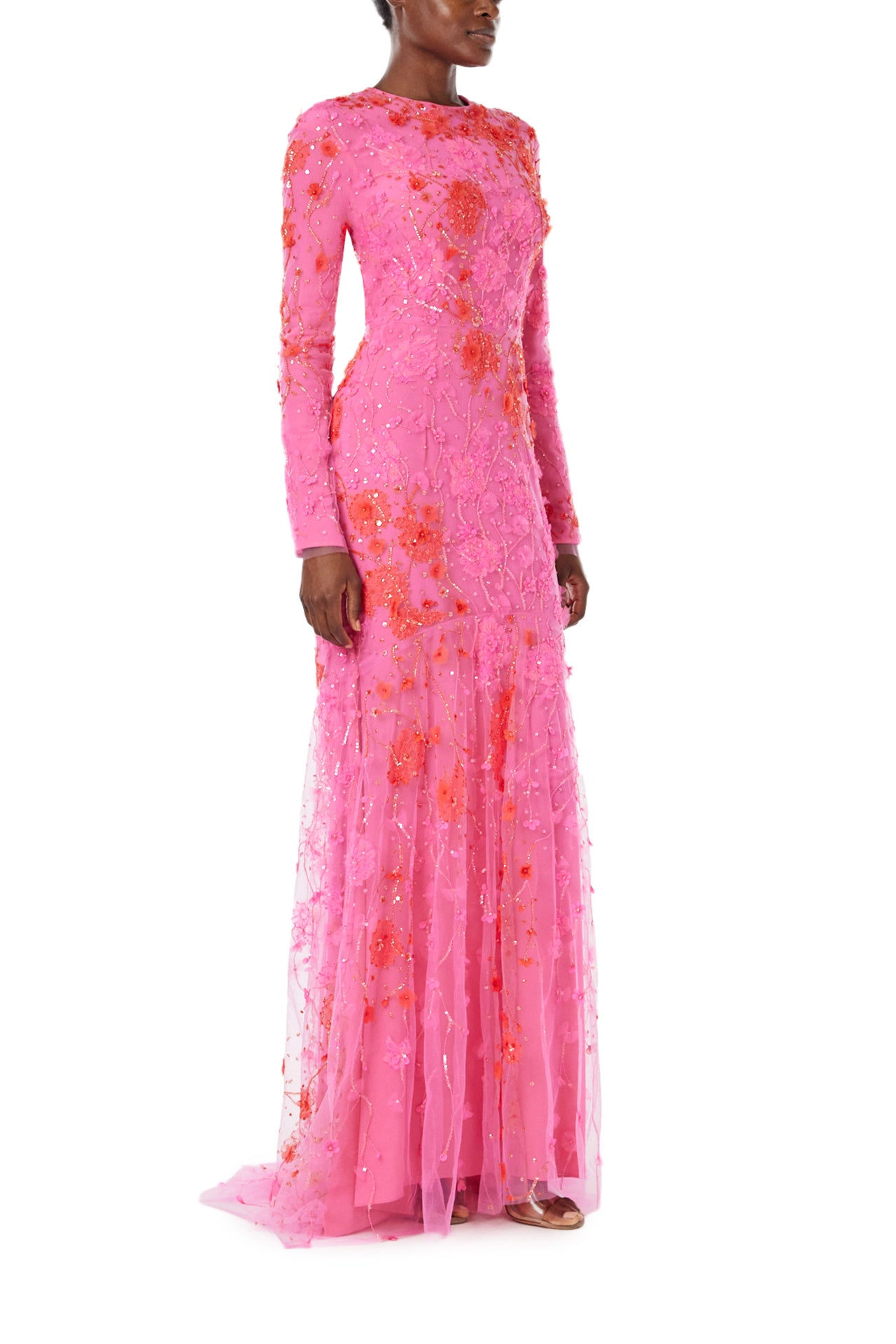 Monique Lhuillier Spring 2024 long sleeve gown in raspberry red embroidery - right side.