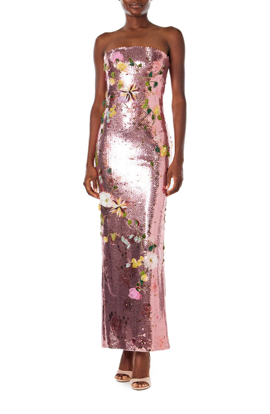 Monique Lhuillier Spring 2024 strapless column gown in cerise colored sequins and floral embroidery - front.
