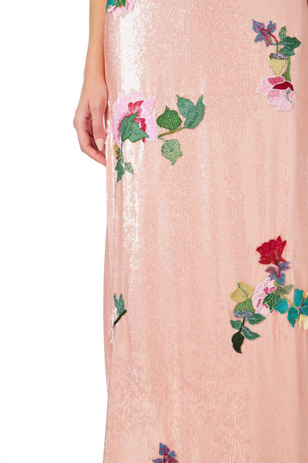 Monique Lhuillier Spring 2024 melon colored sequin gown with short sleeves, jewel neckline and multi-color floral embroidery - embroidery.