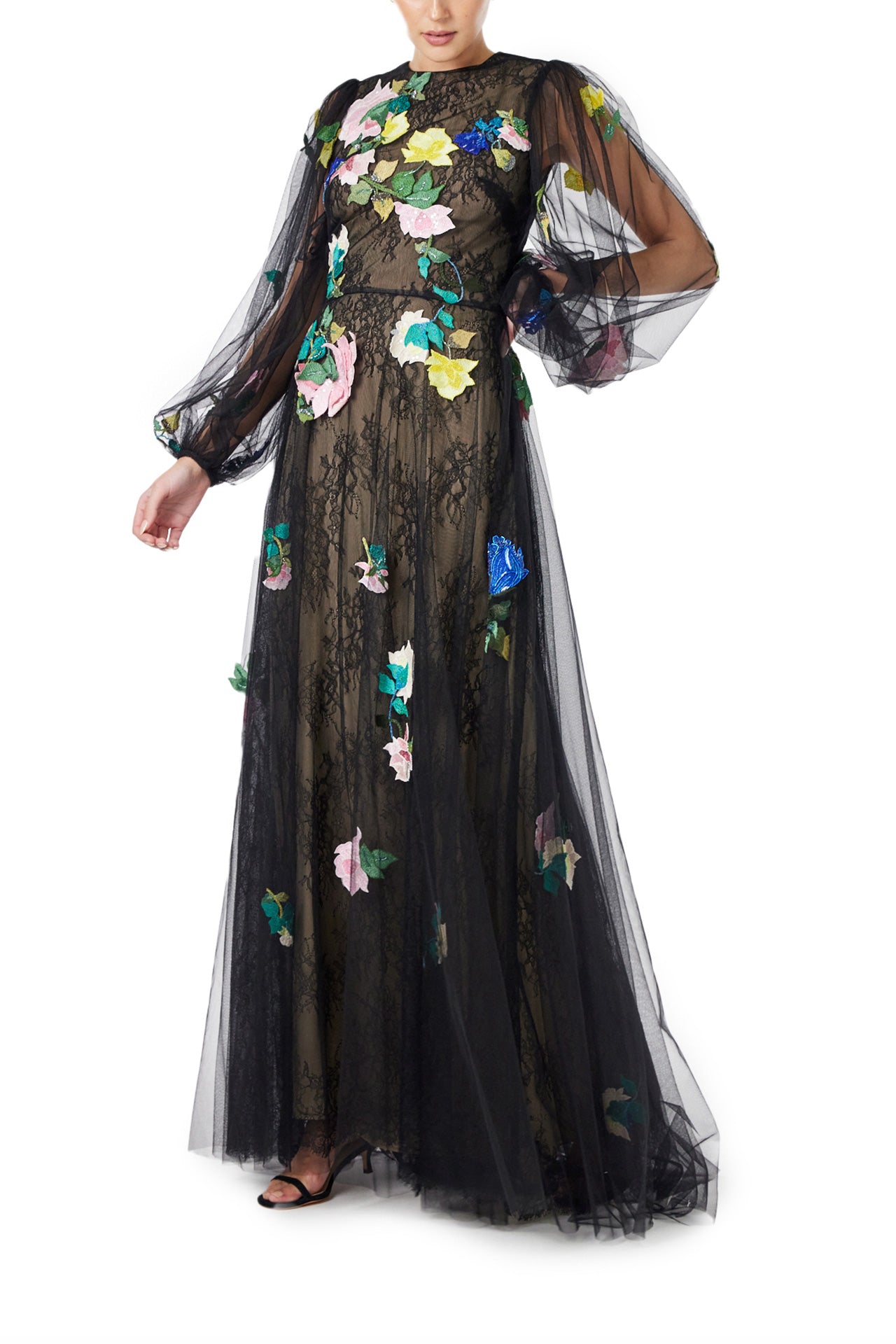 Monique Lhuillier Spring 2024 jewel neck, puff sleeve gown with sheer sleeves and floral embroidery over a lace underlay in black tulle - front two.
