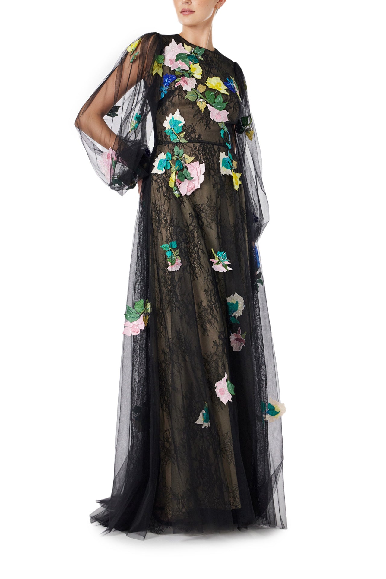 Monique Lhuillier Spring 2024 jewel neck, puff sleeve gown with sheer sleeves and floral embroidery over a lace underlay in black tulle - right side.