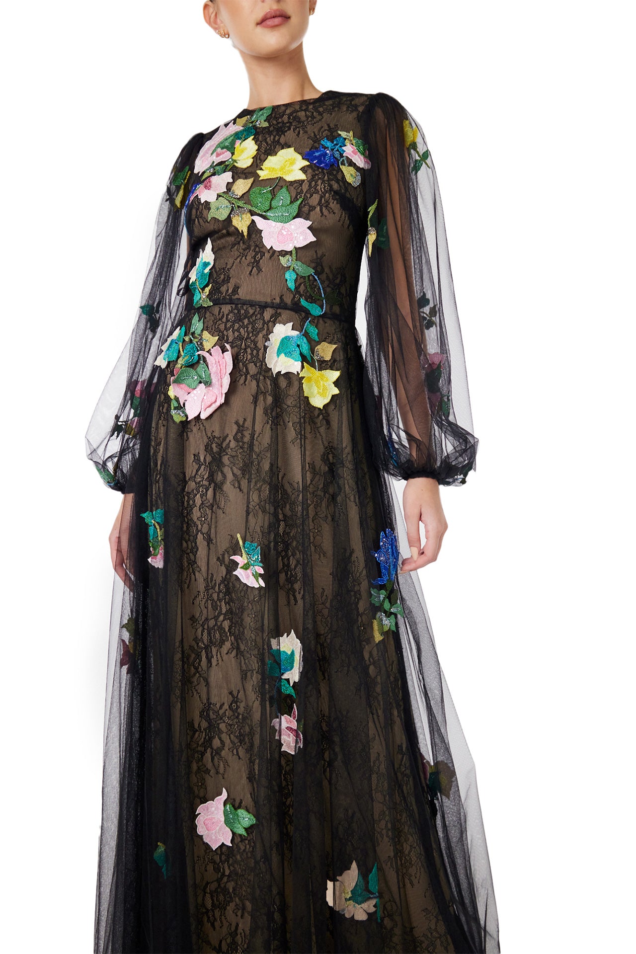 Monique Lhuillier Spring 2024 jewel neck, puff sleeve gown with sheer sleeves and floral embroidery over a lace underlay in black tulle - front closeup.