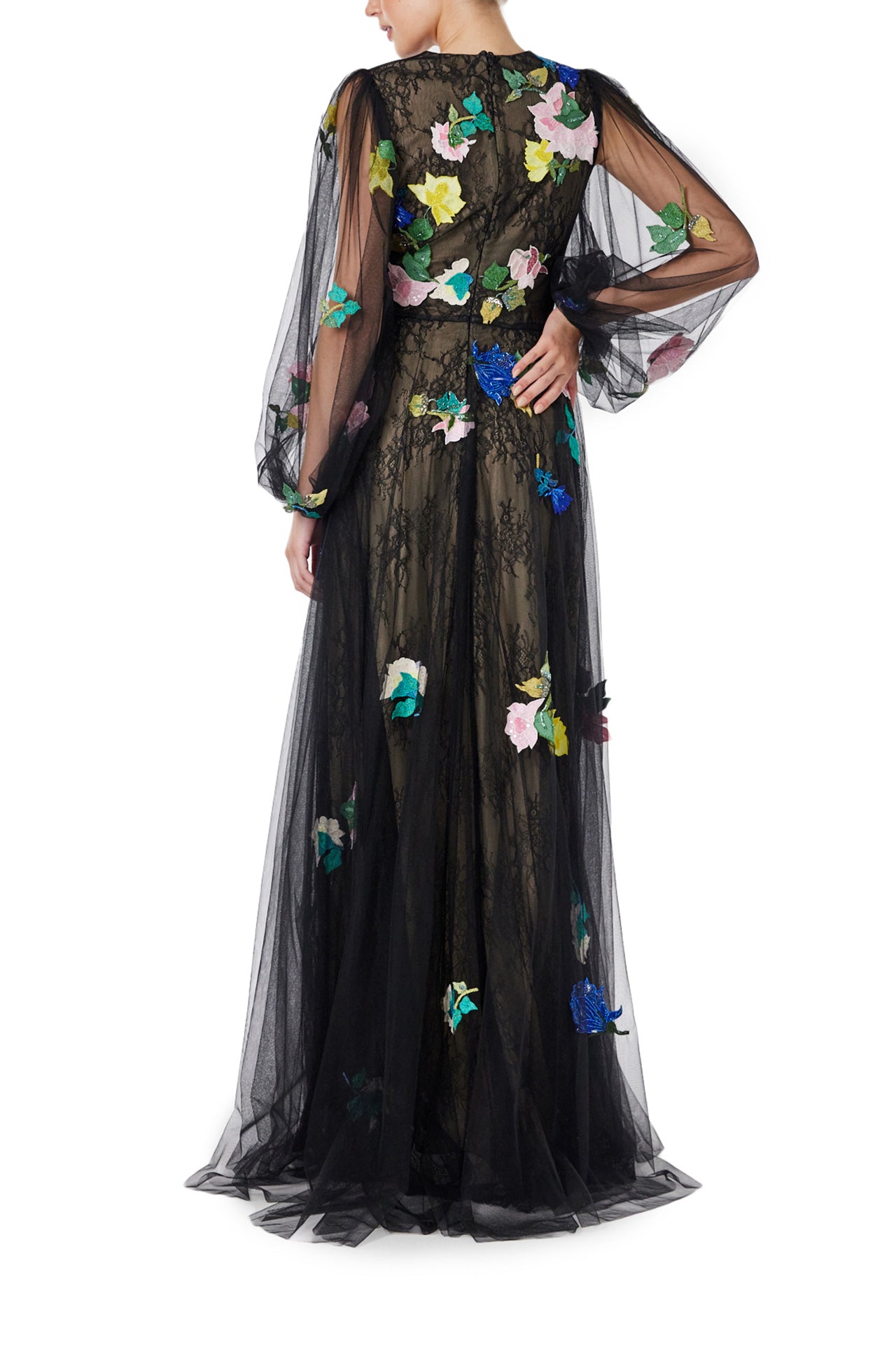 Ml monique lhuillier embroidered discount tulle long sleeve gown