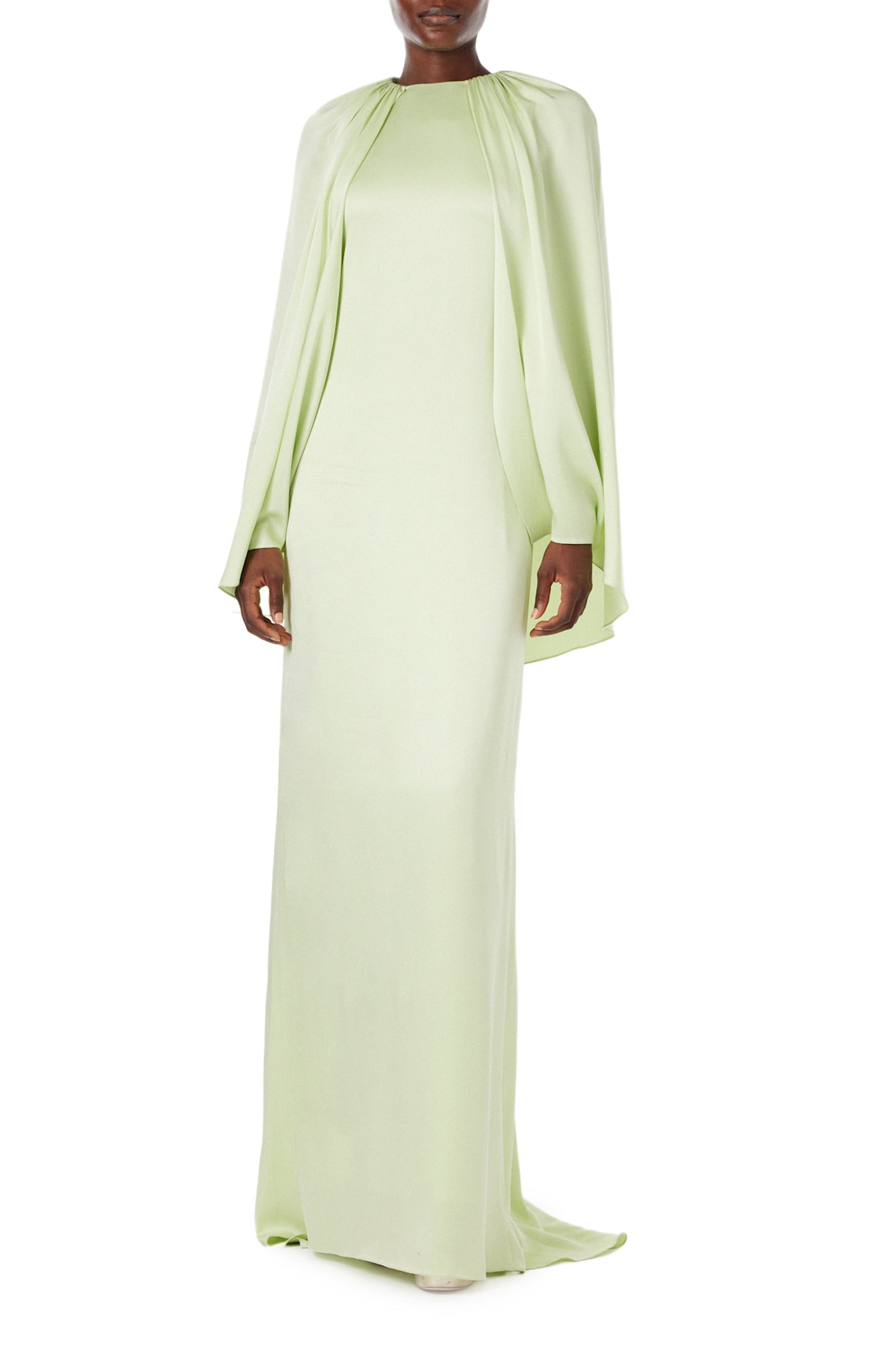 Monique Lhuillier Spring 2024 floor length capelet gown with jewel neckline in honeydew colored crepe back satin - front 2.