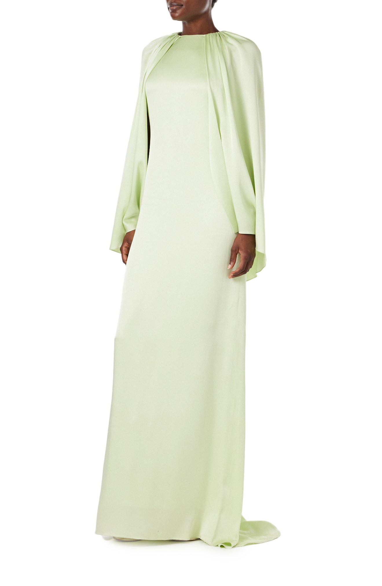 Monique Lhuillier Spring 2024 floor length capelet gown with jewel neckline in honeydew colored crepe back satin - left side.