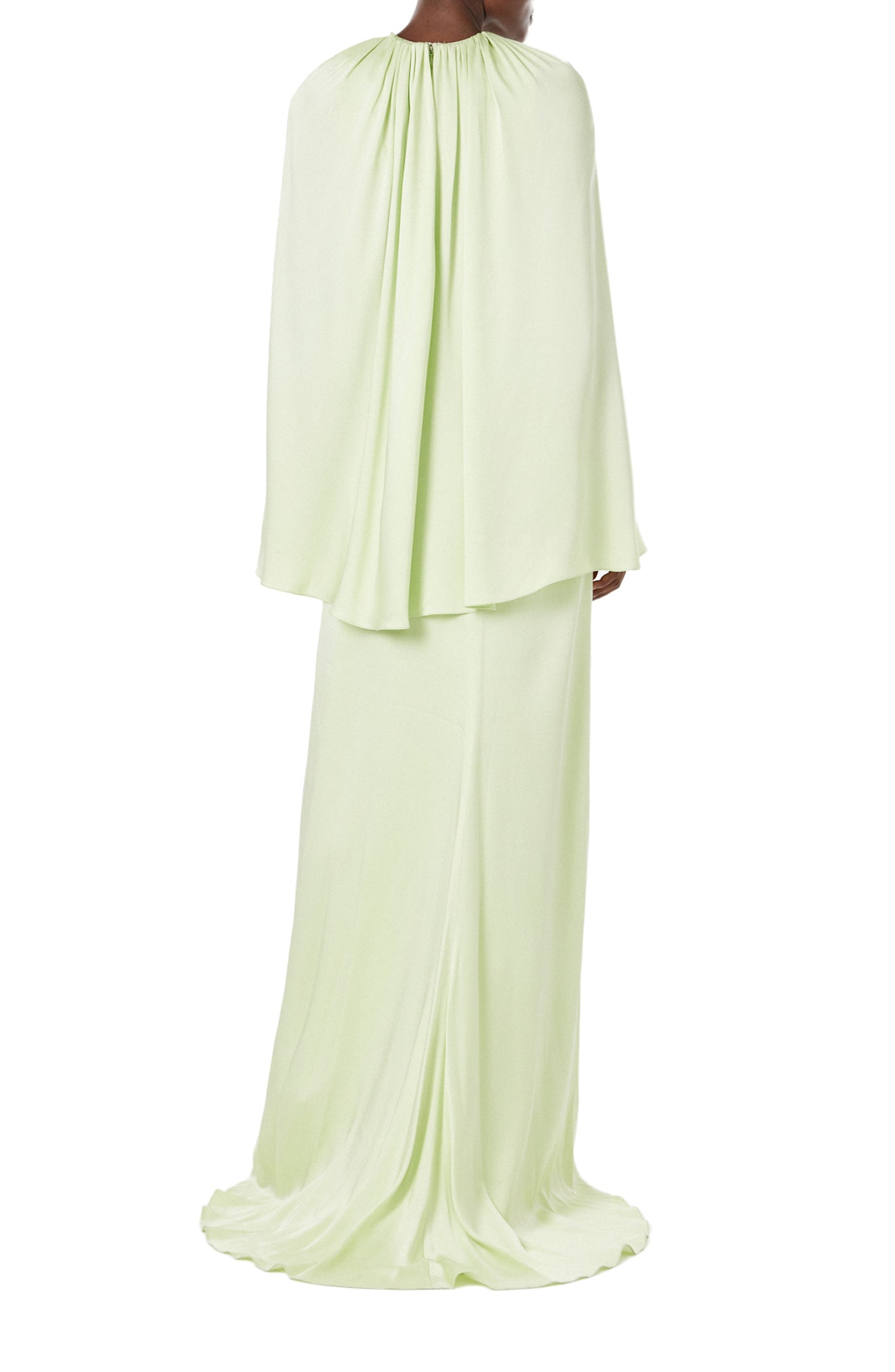 Monique Lhuillier Spring 2024 floor length capelet gown with jewel neckline in honeydew colored crepe back satin - back.
