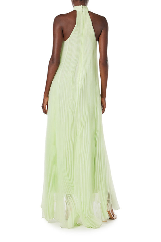 Monique Lhuillier Spring 2024 pleated halter gown with floral embroidery in honeydew organza.