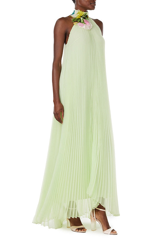 Monique Lhuillier Spring 2024 pleated halter gown with floral embroidery in honeydew organza.