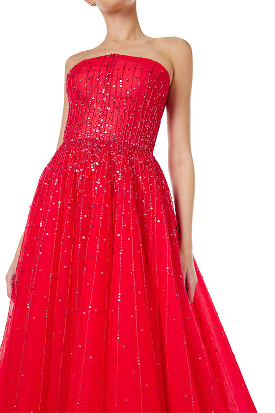 Monique Lhuillier strapless ballgown in cherry red embroidered tulle - close up front.
