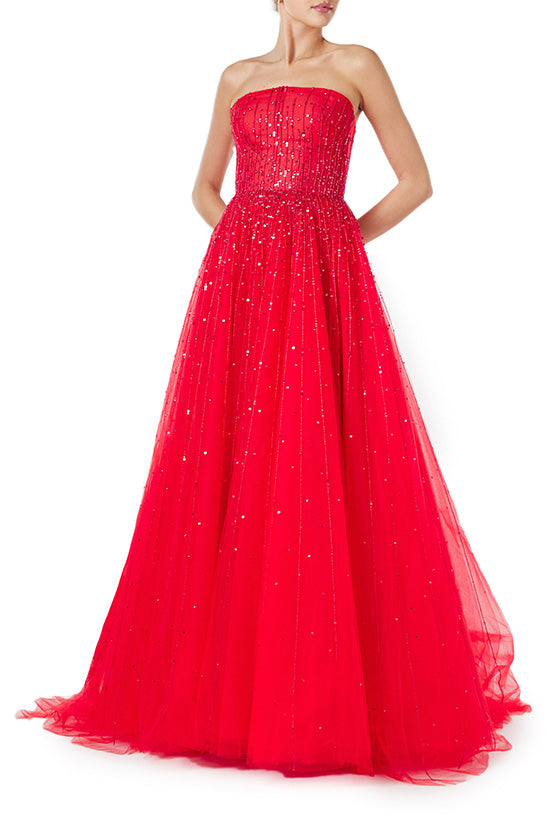 Monique Lhuillier strapless ballgown in cherry red embroidered tulle - front facing.